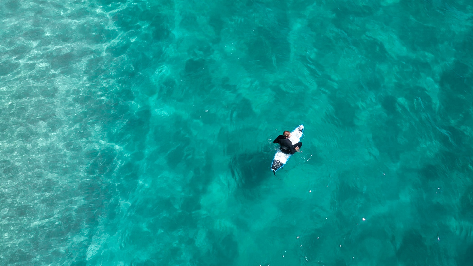 Surfer floating over crystal reef from above