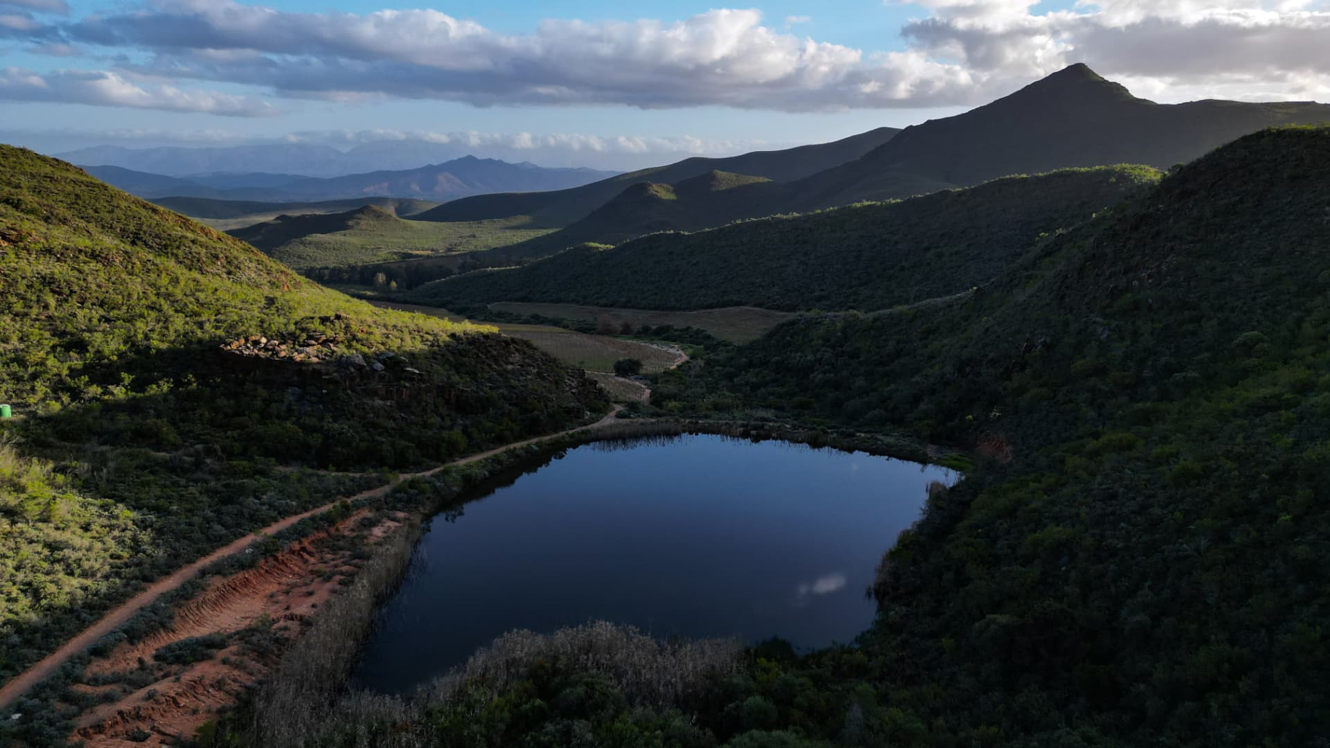Mountain dam at golden hour in the Klein Karoo